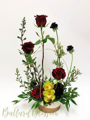 Gothic Garden BBY5 $70 
 with roses and scabiosa