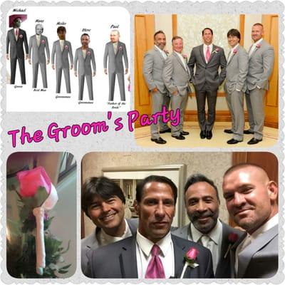 The tuxes I made on the website with the groomsmen's heads and then how they actually looked.