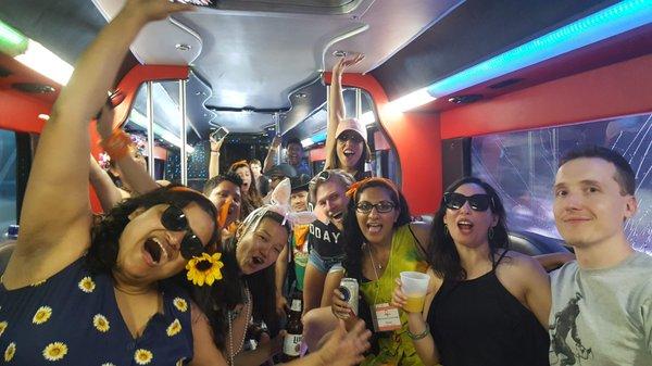 Awesome people having an amazing time on the Ninja Bachelor Party Bus.