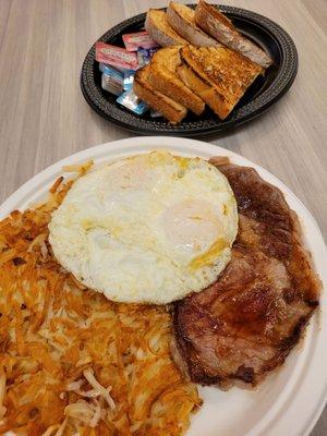 steak & eggs $14.50...surprisingly good for an $18 meal after tax and tip...served with choice of potatoes..