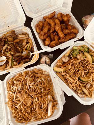 Chicken chowmein, Mongolian beef, orange chicken, and veggie chowmein .