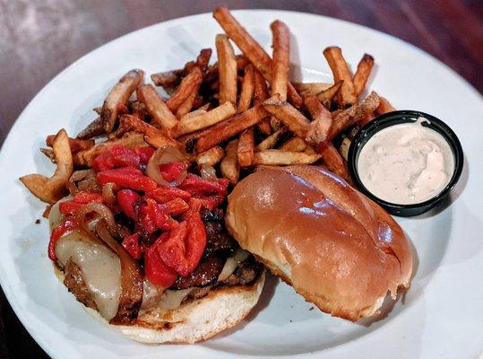 Santa Fe Burger - chorizo & CAB patty, pepperjack cheese, grilled onions, roasted red peppers, chipotle sour cream w/ side