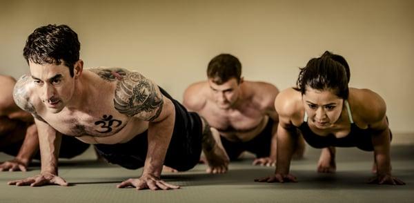 DUY students and teachers in Chaturanga Dandasana / Four-Limbed Staff Pose!