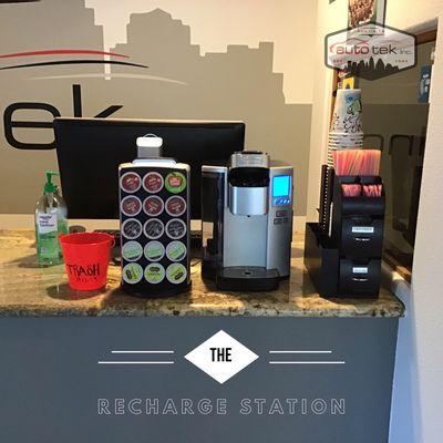 Meet our recharge station.  Get a jump start on the morning with our rows of coffee and tea selections.