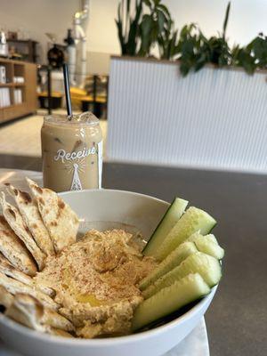 Hummus bowl and iced vanilla latte