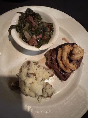 Steak with collard greens and mashed potatoes