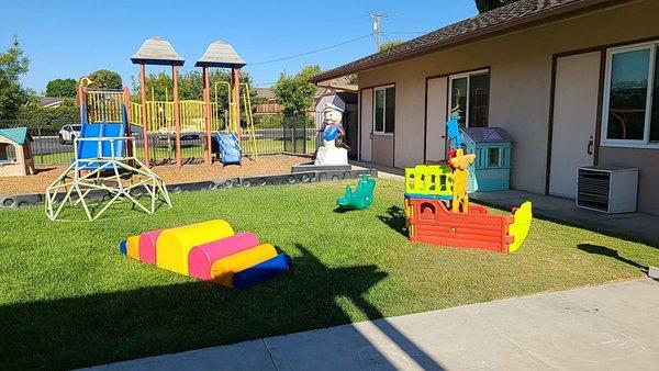 Playground with soft climbers, dome, pirate ship and play house