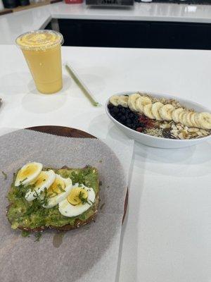 Single Avocado Toast w/ Egg, Deluxe Acai Bowl, Tropical Trippin