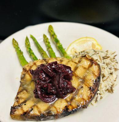 Swordfish with a pineapple coconut glaze & mixed berry chutney