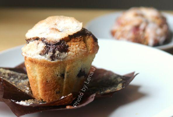 Chocolate chunk muffin ($3.50) and strawberry lemon ricotta scone ($3.50, in back)