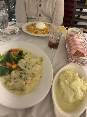 Flounder, garlic mash, penne alla vodka with burrata