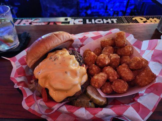 The works burger with tater tots