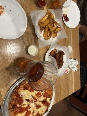 Pizza salad wings and wedges