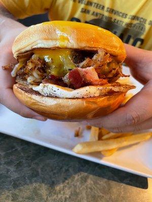 Profile angle pic of breakfast burger. My mouth is drooling writing this post.