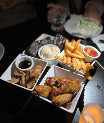 Lumpia, Chicken Wings, Fries, Ube Bread Pudding