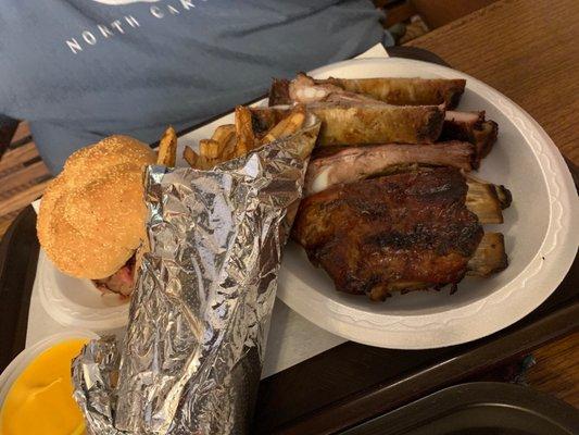 Pit Beef sandwich, ribs, and fries with cheese