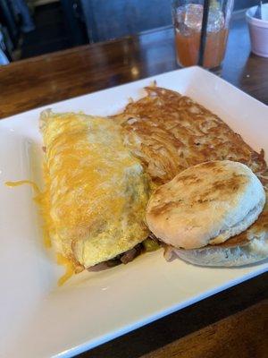 Denver omelette w/hash browns and biscuit.