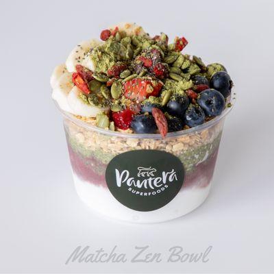 Matcha Zen Bowl - Brazilian Acai, jungle coconut, and matcha chia pudding bases, topped with honey granola, blueberries, banana, strawberry