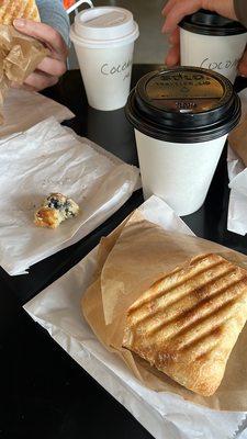 Breakfast sandwiches, blueberry scone (too good to wait for pic), coconut milk and hazelnut lattes