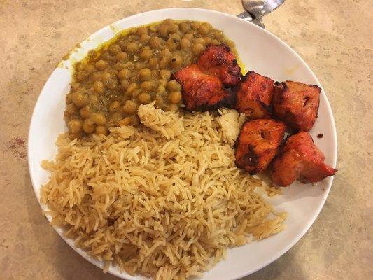 Chicken Kabob with rice and chick peas side.