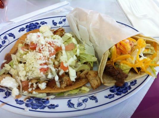 Chicken tostada and steak taco