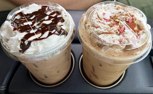 (Left) Large peanut butter mocha latte w almond milk  (Right) Large french toast latte w almond milk