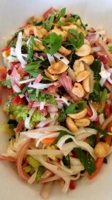 Asian Pork Noodle Salad - rice noodles, peppers, snap peas, scallions, peanuts, bbq pork, sesame vinaigrette