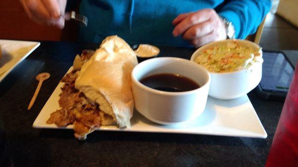 Enduro French Dip sandwich with coleslaw