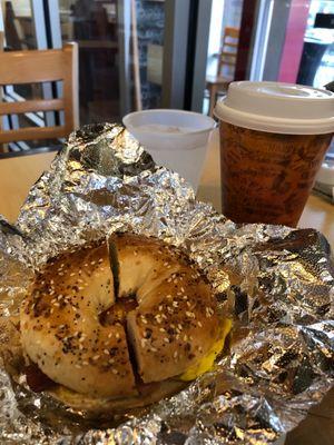 Bacon egg and cheese bagel and coffee