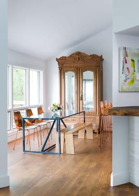 Copper Real Good chairs, Strut dining table, Amicable Split bench. Interior Design by J.Fisher Interiors