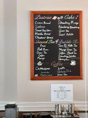 Pastries cake, shaved ice, bubble tea, coffee menu