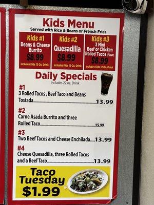 Menu Specials and Kids Menu