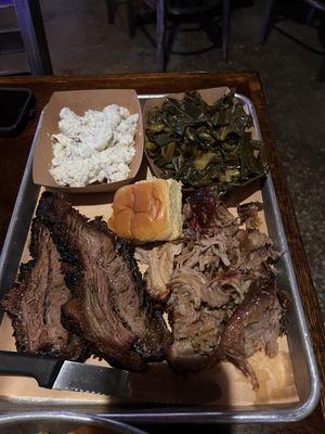 Brisket, pulled pork, collards, potatoe salad,