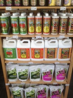 Wide selection of organic fertilizers, including Fox Farm