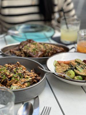 From left: Bulgogi, pork adobo, and mixed veggies