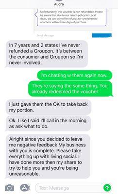 After I left a review and asked Living Social for refund, Audra sent this text.