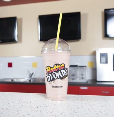 A full line of smoothies at the Retro Blend smoothie bar.