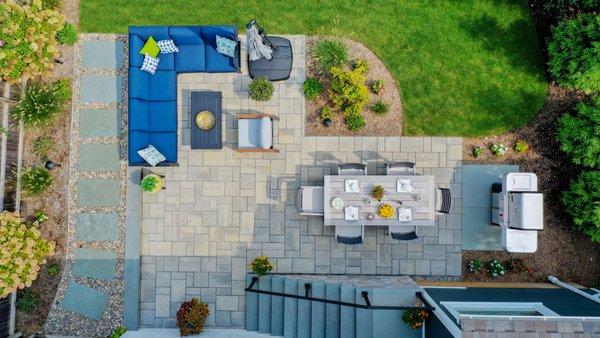 Stunning Outdoor Patio with Walkway, Planting, and Steps.