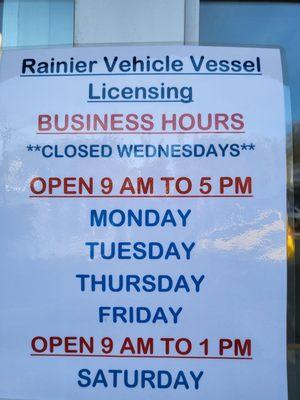 Their current office hours. Closed Wednesday & Sundays