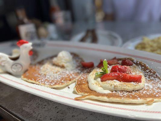 Pancake flight: strawberry cheesecake, lemon pineapple, churro