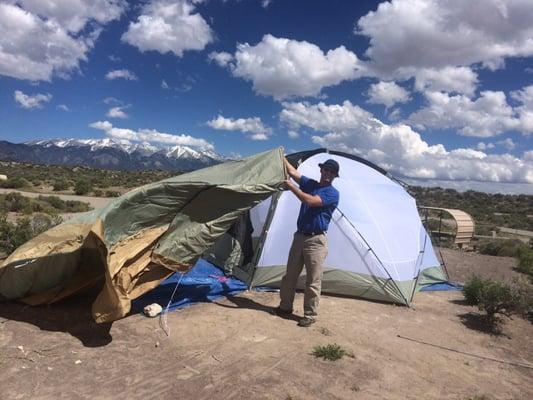 A windy tent set up!