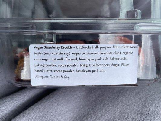 Ingredients list for the Vegan Strawberry Brookie. (Like a brownie - soo good!)