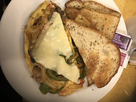 Veggie omelet with Swiss cheese and rye toast