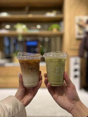 Iced Vanilla Oat Latte + Matcha Oat Latte (free!)