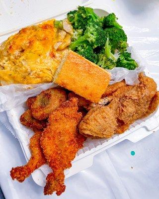 Cheesy potato, steamed broccoli, cornbread, fried oyster, fried whiting, fried shrimp