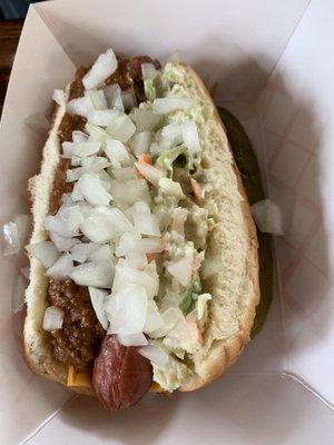 Hot Dog with onions, relish, chili