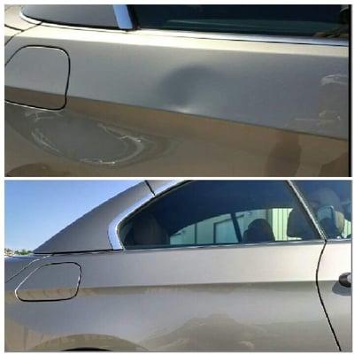 This was a tough one. A solid dent through the body line of a BMW 3 series convertible.