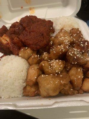 Spicy chicken Katsu & Sesame chicken combo w/ Steamed Rice