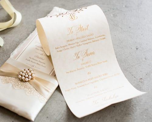 Gold foil stamped scroll wedding menu