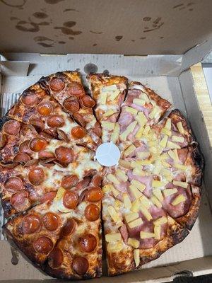 Half Classic Pepperoni Pizza , half ham & pineapple.